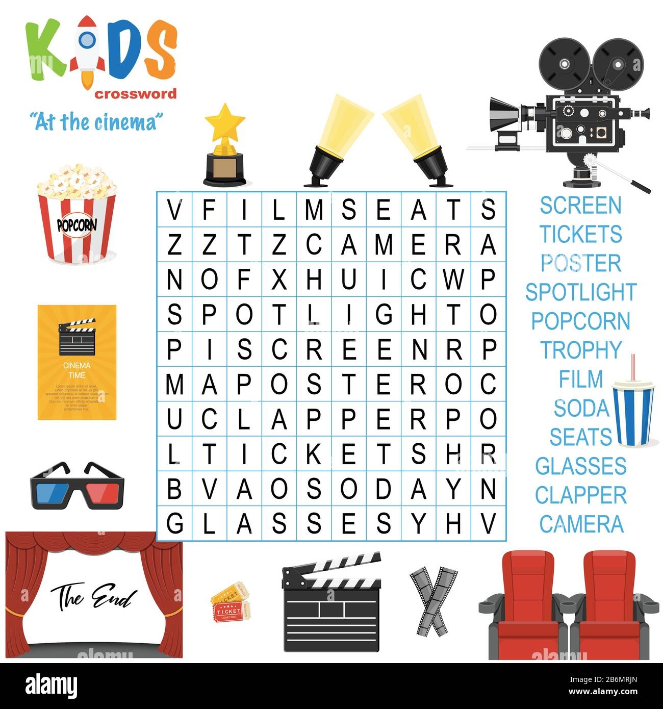 Easy Word Search Crossword Puzzle At The Cinema For Children In Elementary Primary And Middle School Fun Way To Practice Language Comprehension A Stock Vector Image Art Alamy