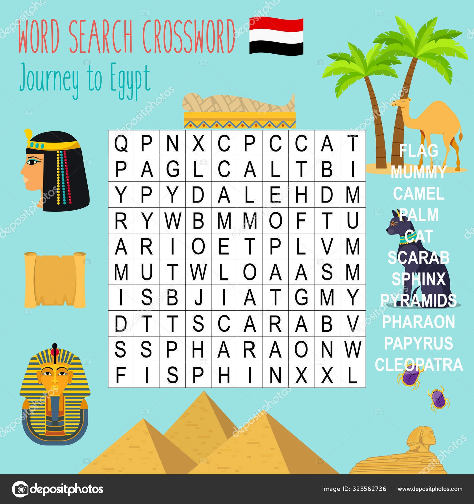 Easy Word Search Crossword Puzzle Journey Egypt Children Elementary Middle Stock Vector By yekaterinalim 323562736