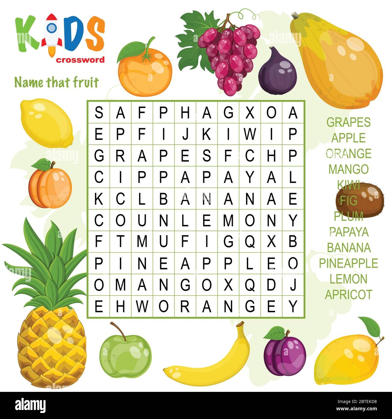 easy word search crossword puzzle name that fruit for children in elementary and middle school fun way to practice language comprehension and expa stock vector image art alamy