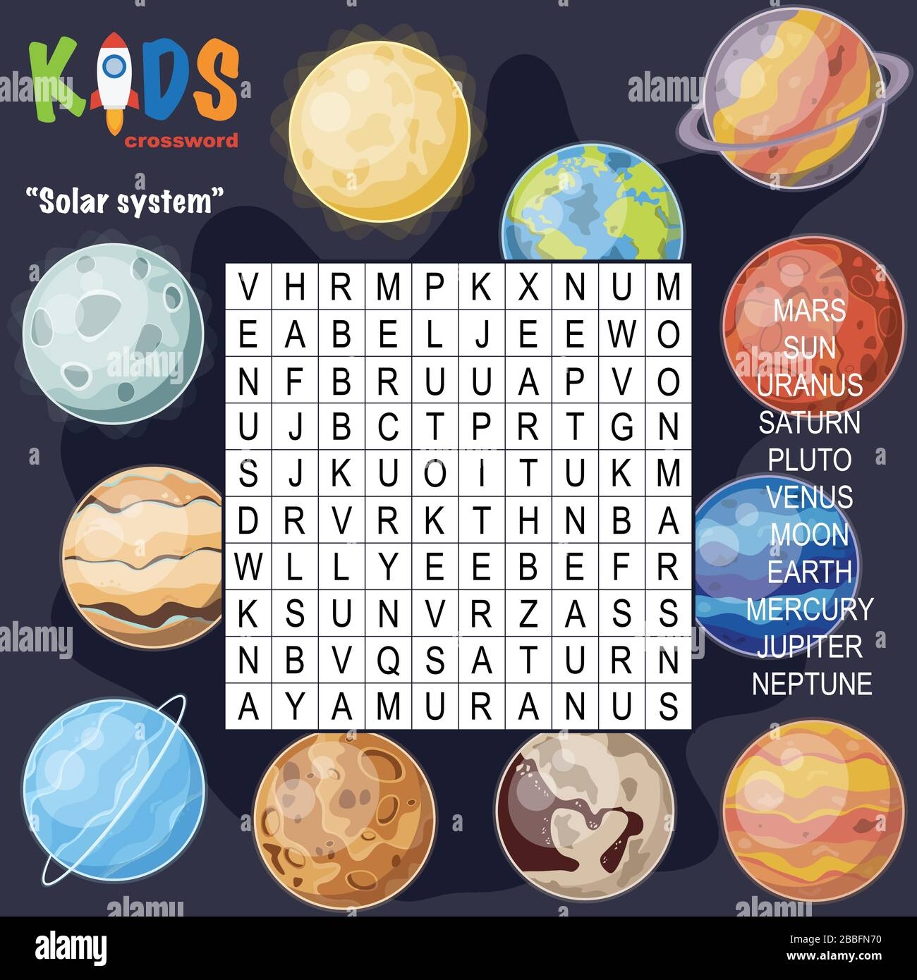 easy word search crossword puzzle solar system for children in elementary and middle school fun way to practice language comprehension and expand stock vector image art alamy