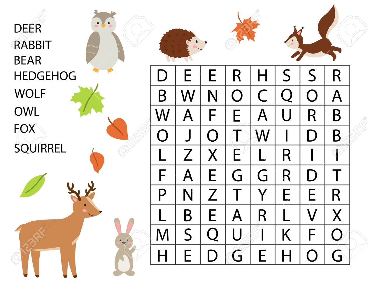 educational game for kids word search game forest animals cute cartoon deer rabbit owl hedgehog and squirrel learning english vocabulary vector illustration royalty free svg cliparts vectors and stock illustration image 125686157