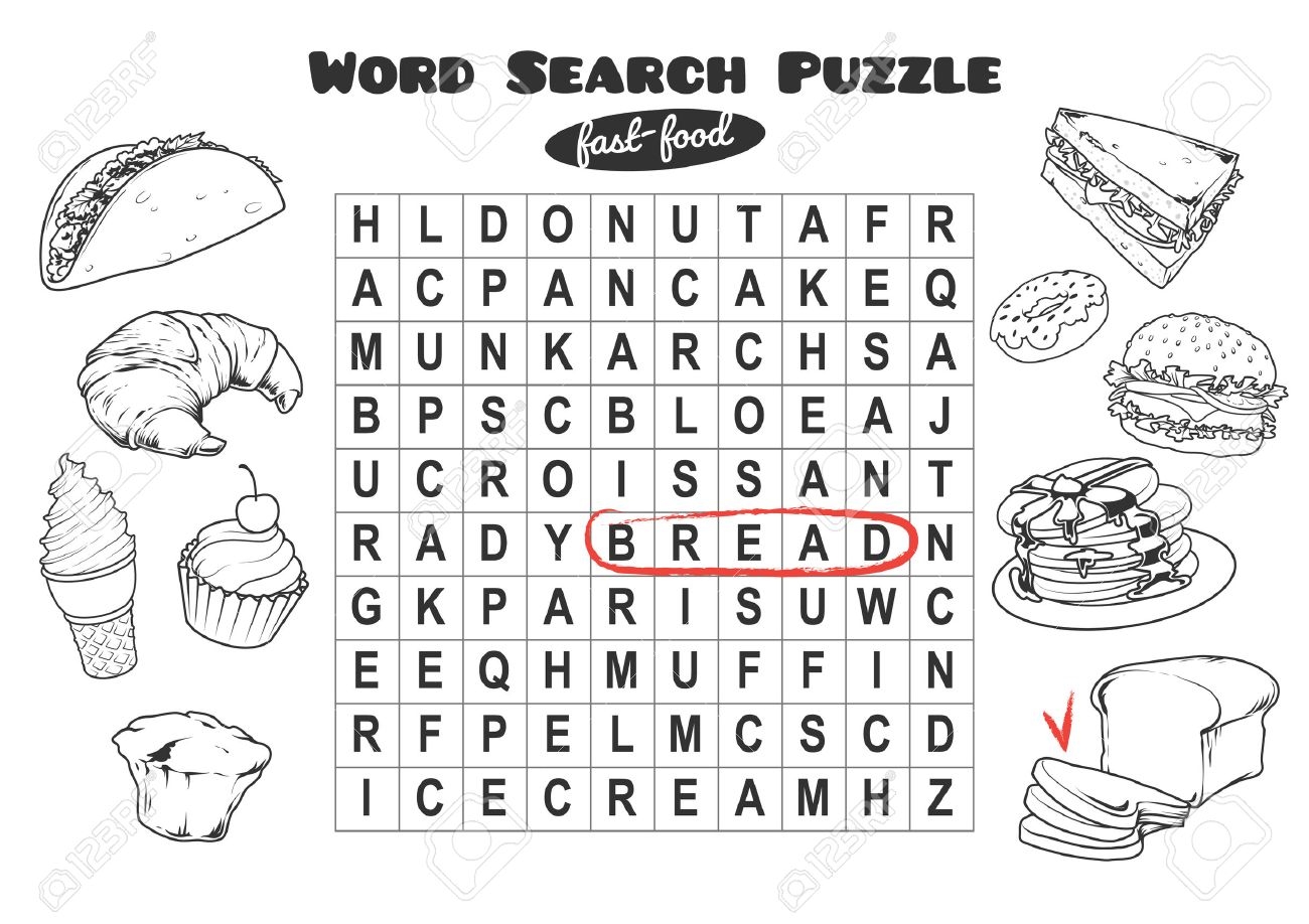 educational game for kids word search word search puzzle with fast food worksheet for class or at home with the kids a4 size horizontal orientation royalty free svg cliparts vectors and stock illustration