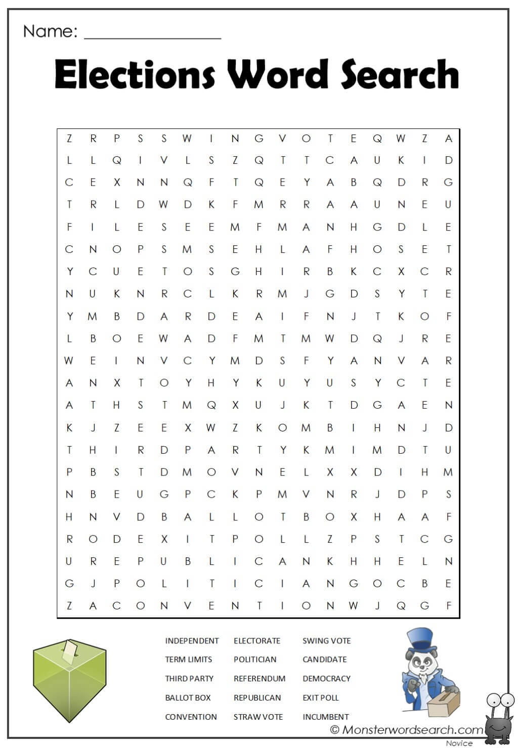 Elections Word Search Monster Word Search