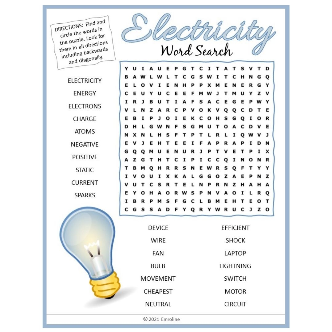 ELECTRICITY Word Search Puzzle Science Game Worksheet Activity PDF Teaching Resources