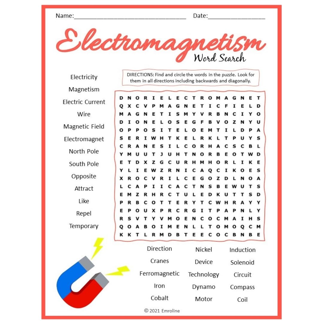 Electromagnetism Electromagnet Word Search Puzzle Science Game Worksheet PDF Teaching Resources