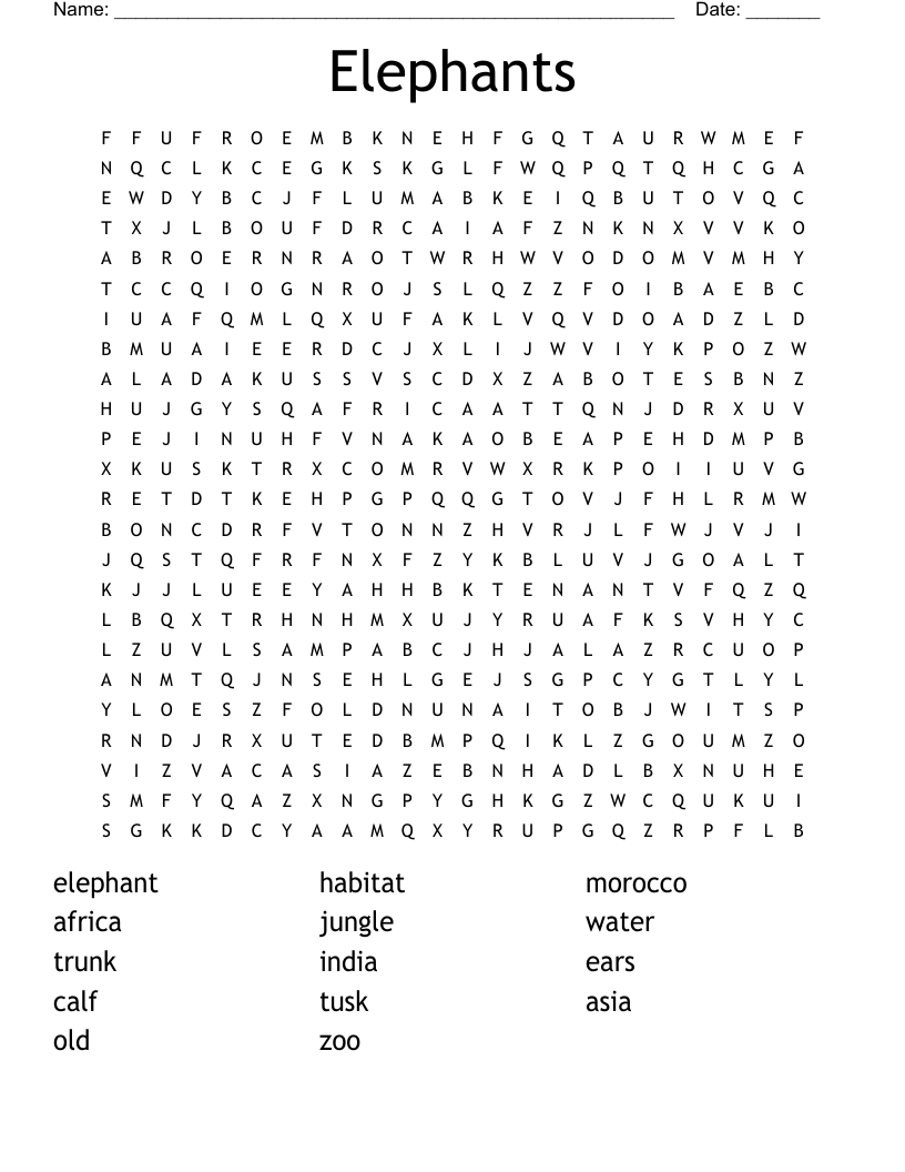 Elephants Word Search WordMint