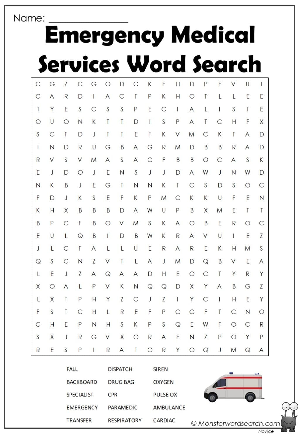 Emergency Medical Services Word Search 2 Monster Word Search