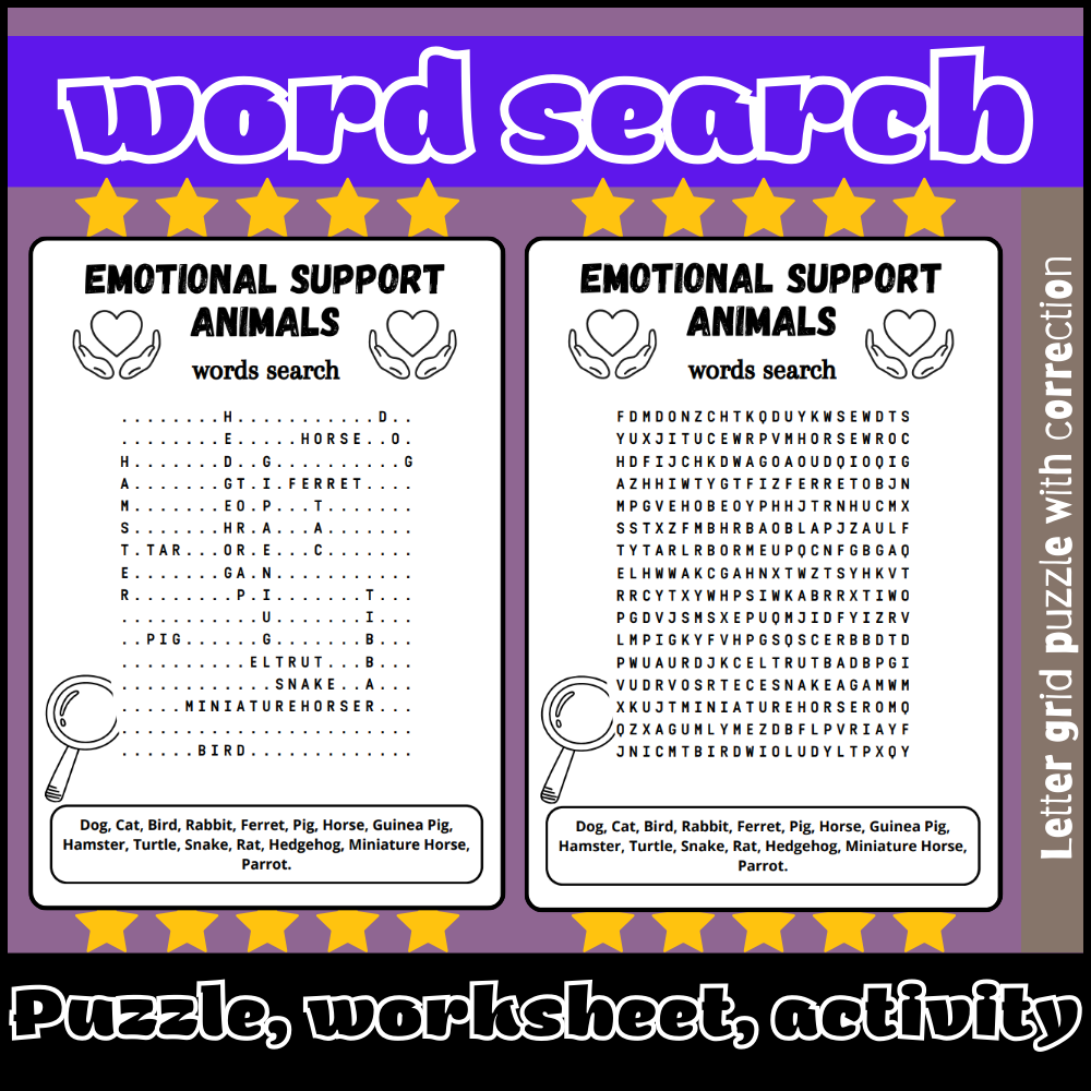 Emotional Support Animals Word Search Puzzle Worksheet Activity Made By Teachers