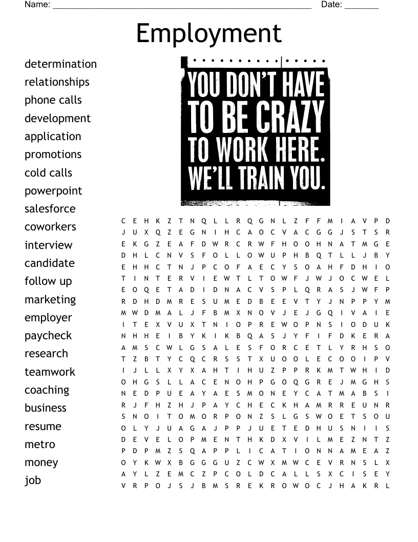 Printable Jobs Word Search