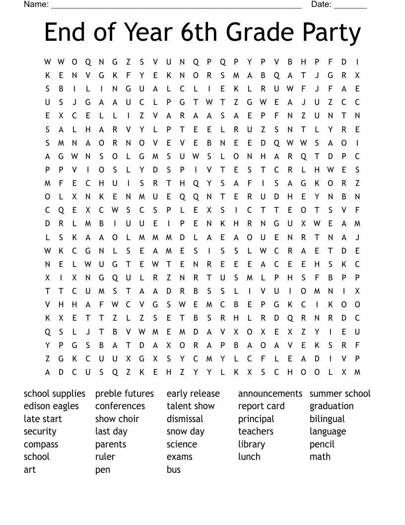 End Of Year 6th Grade Party Word Search WordMint
