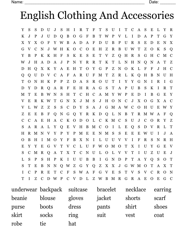 English Clothing And Accessories Word Search WordMint