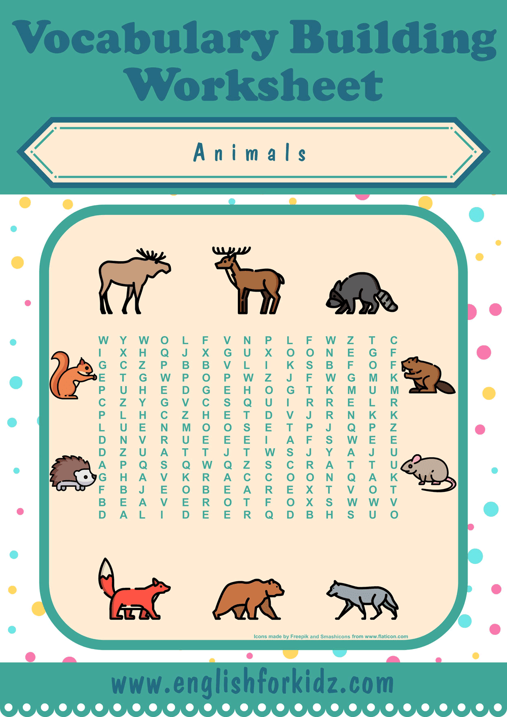 english for kids step by step animals word search worksheets