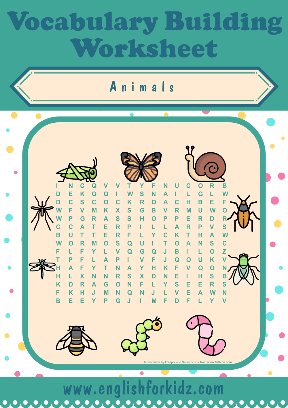 English For Kids Step By Step Animals Word Search Worksheets