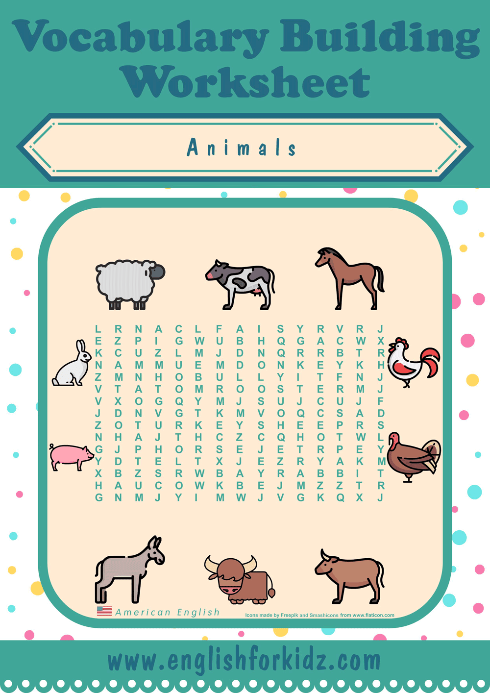 English For Kids Step By Step Animals Word Search Worksheets