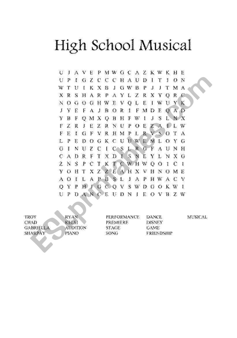 English Worksheets High School Musical Wordsearch