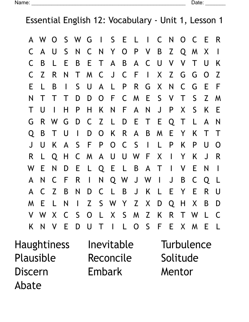Essential English 12 Vocabulary Unit 1 Lesson 1 Word Search WordMint