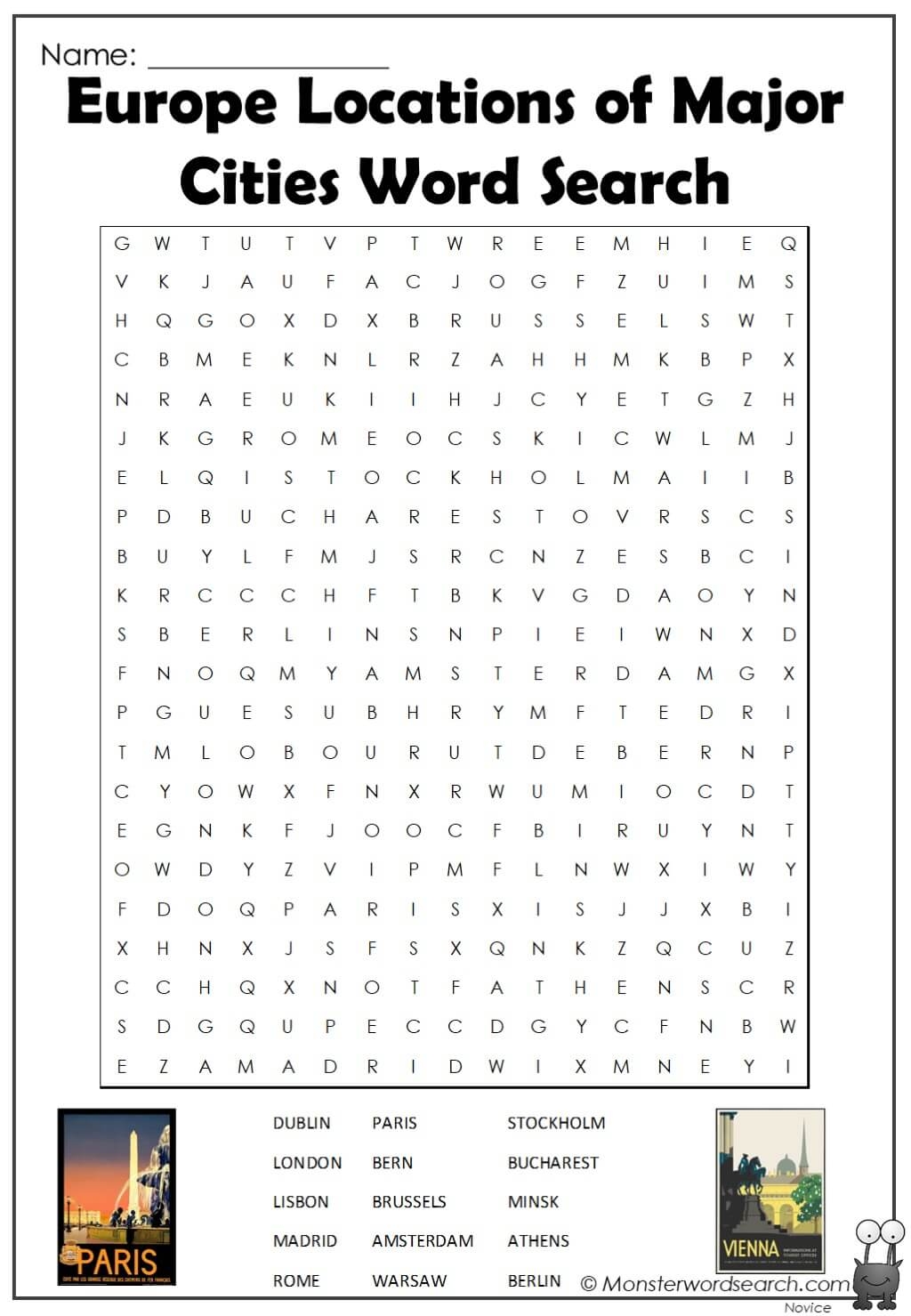 Europe Locations Of Major Cities Word Search Monster Word Search