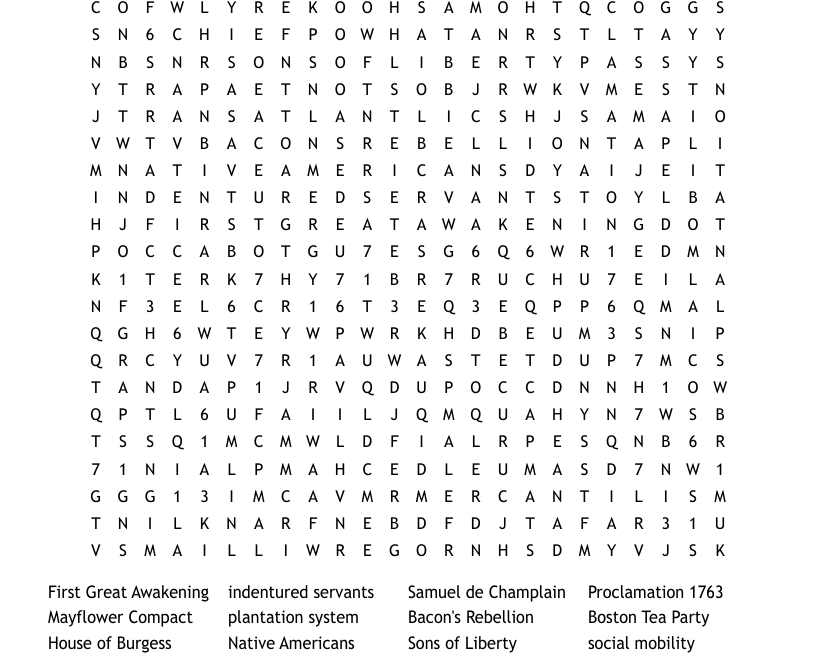 European Settlement Of North America Word Search WordMint