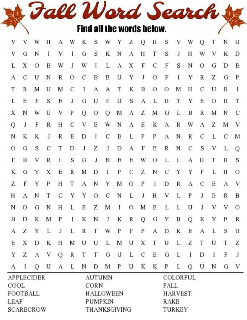 Fall Word Search Free Printable Worksheet Worksheets Library