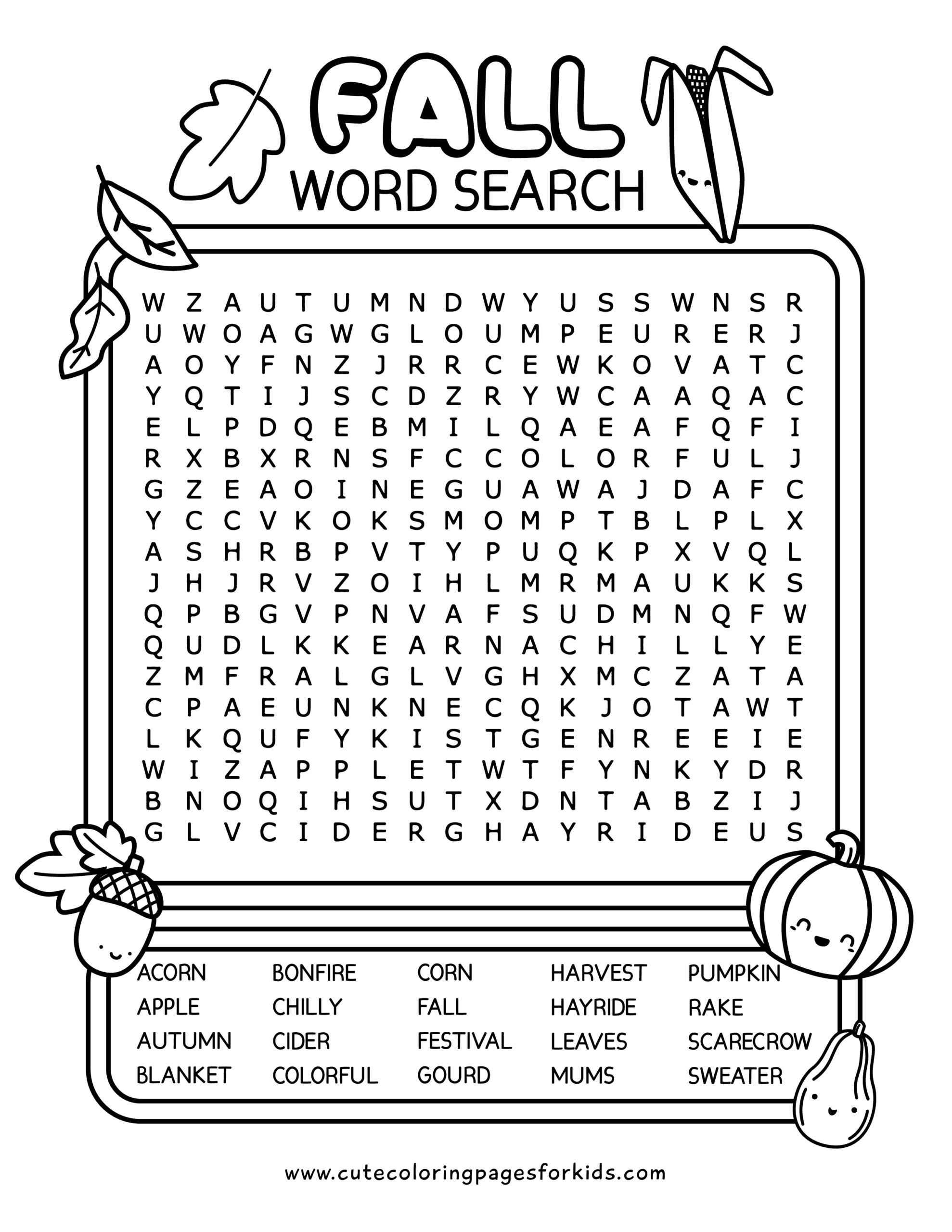 Fall Word Search Printable For 2nd Grade