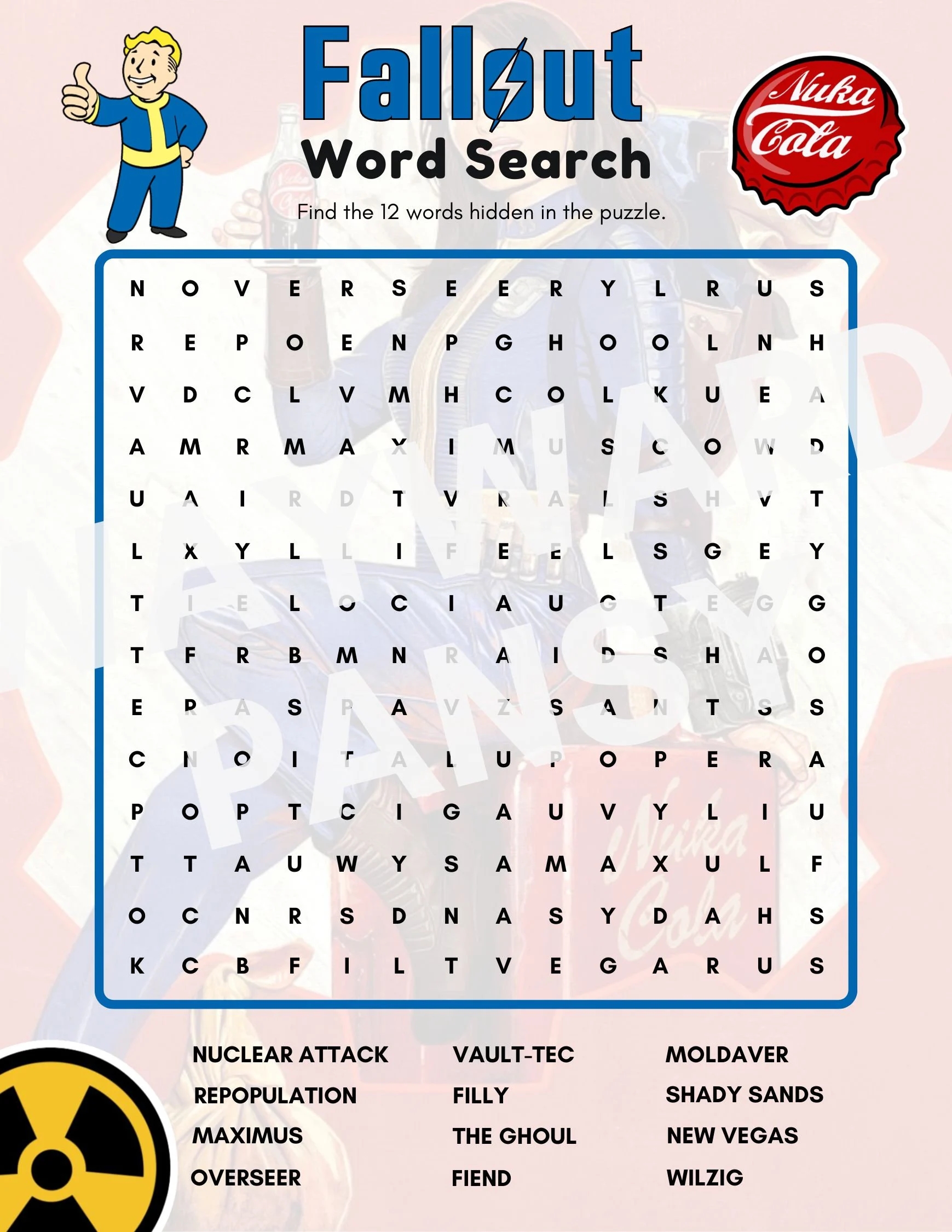 Fallout Word Search Puzzle Instant Digital Download Printable Party Game For All Ages Inspired By The Series For Fans Of The TV Show Etsy