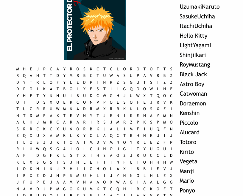 Famous Anime And Manga Characters Word Search WordMint