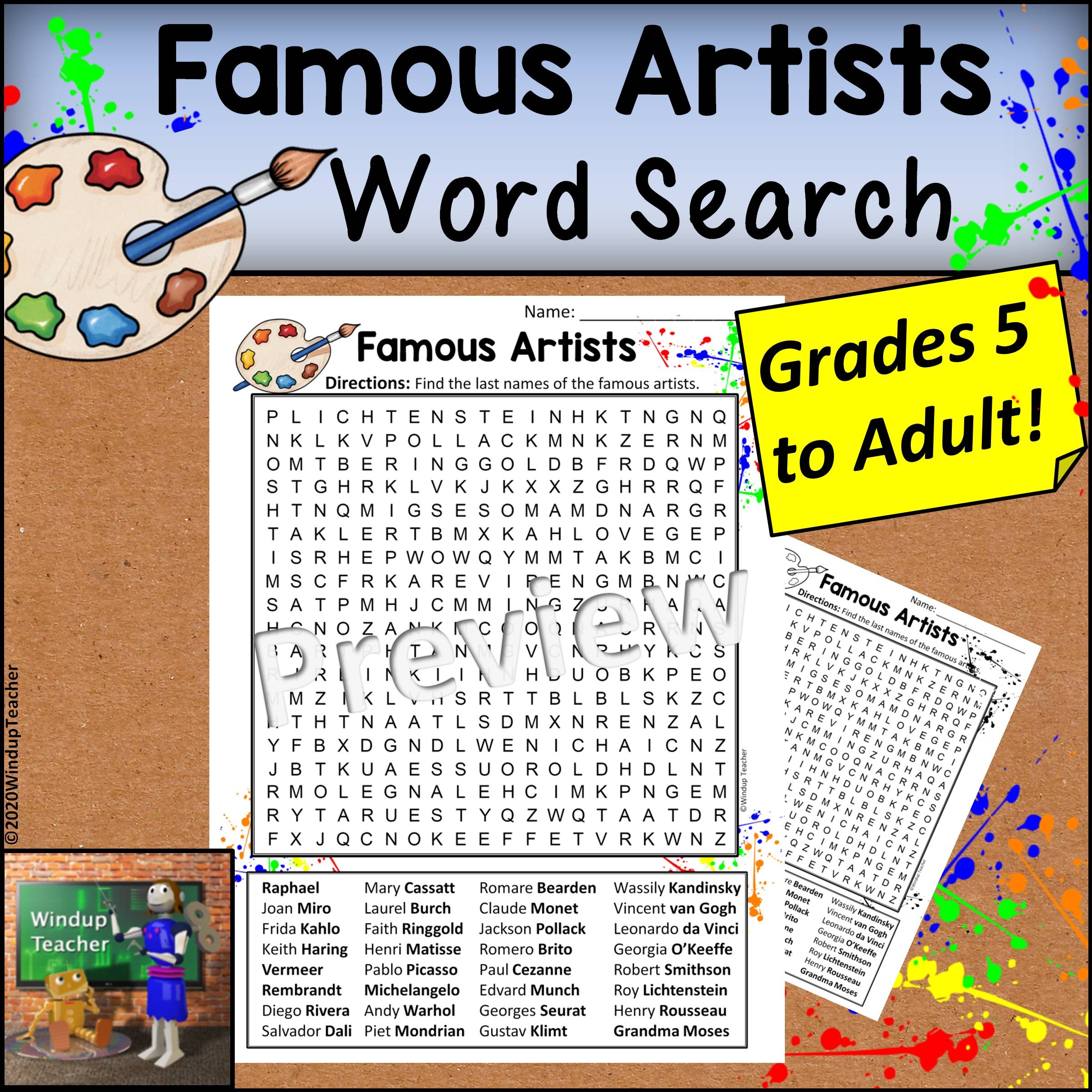 Famous Artists Word Search Hard Grades 5 UP Made By Teachers