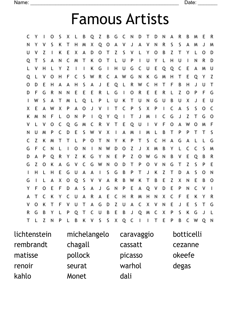 Famous Artists Word Search WordMint