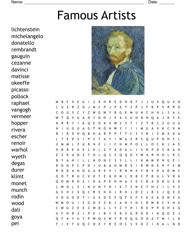 Famous Artists Word Search WordMint