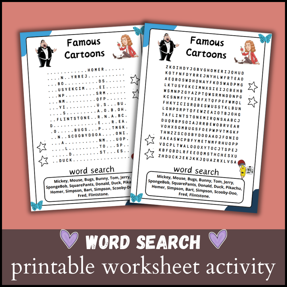 Famous Cartoons Word Search Puzzle Worksheet Activity Made By Teachers