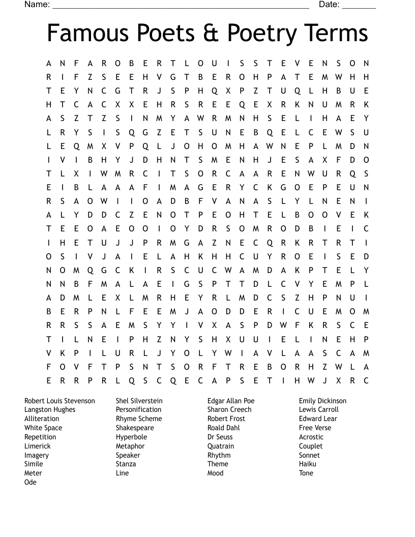 Famous Poets Poetry Terms Word Search WordMint