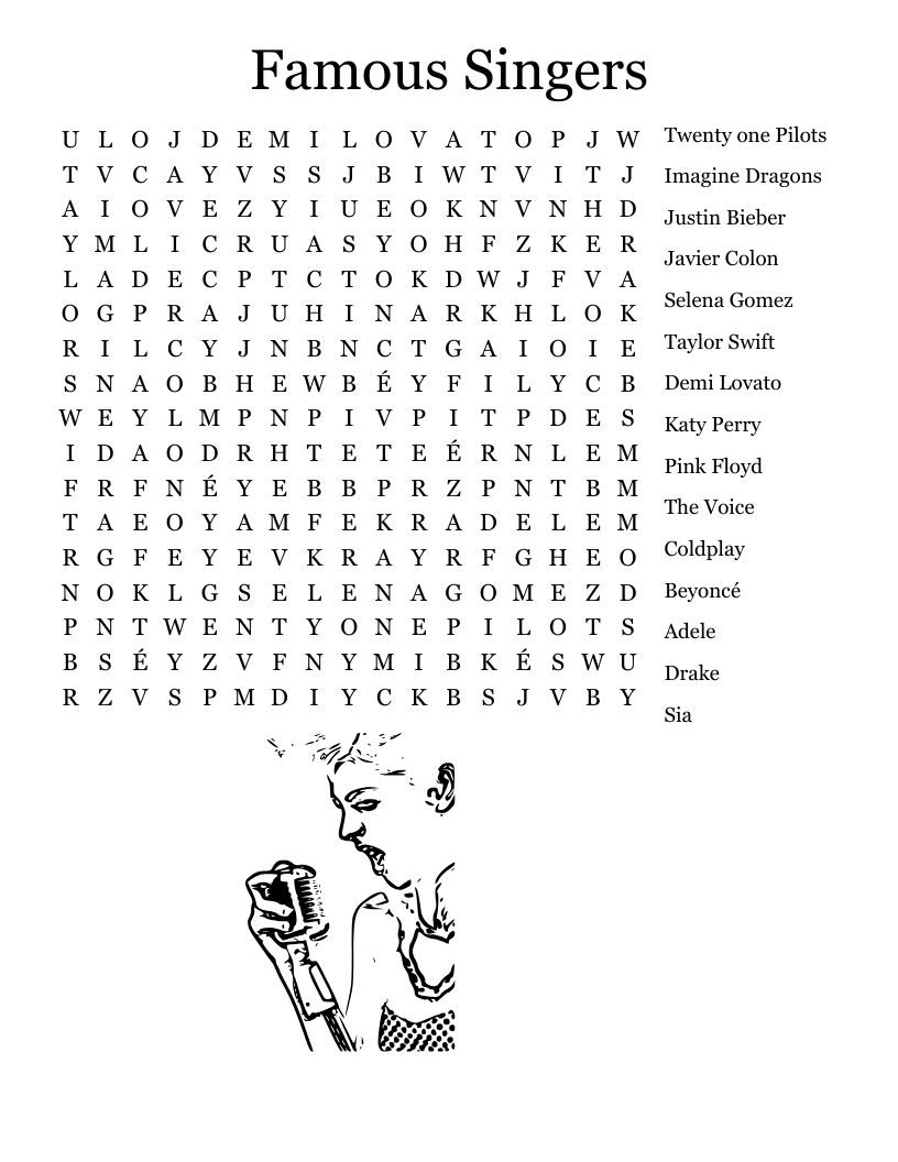 Famous Singers Word Search WordMint
