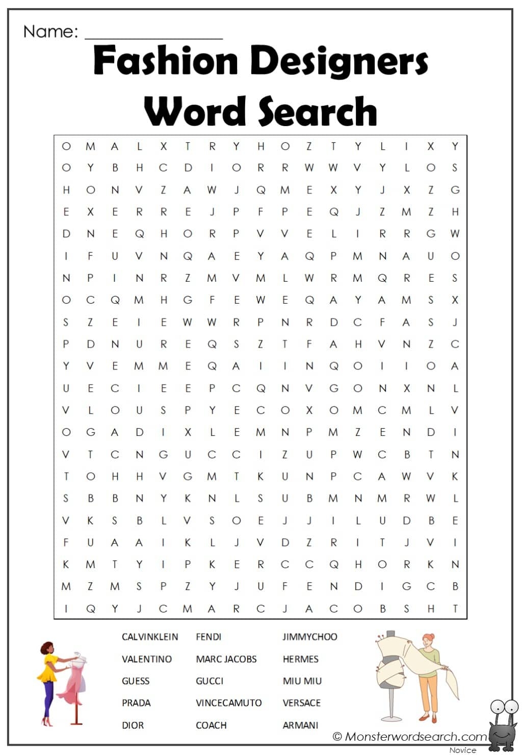 Fashion Designers Word Search Monster Word Search