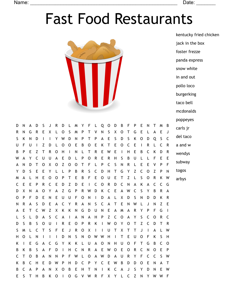 Food Printable Hard Word Search