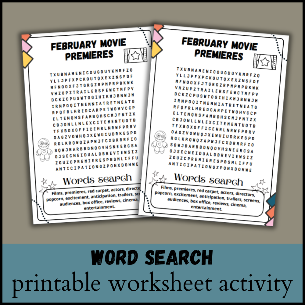 February Movie Premieres Word Search Puzzle Worksheet Activity Made By Teachers