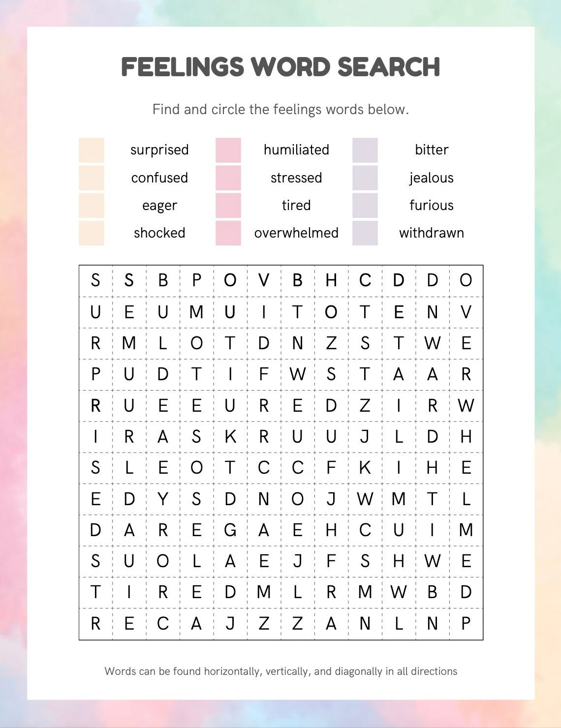 Feelings Word Search Printable