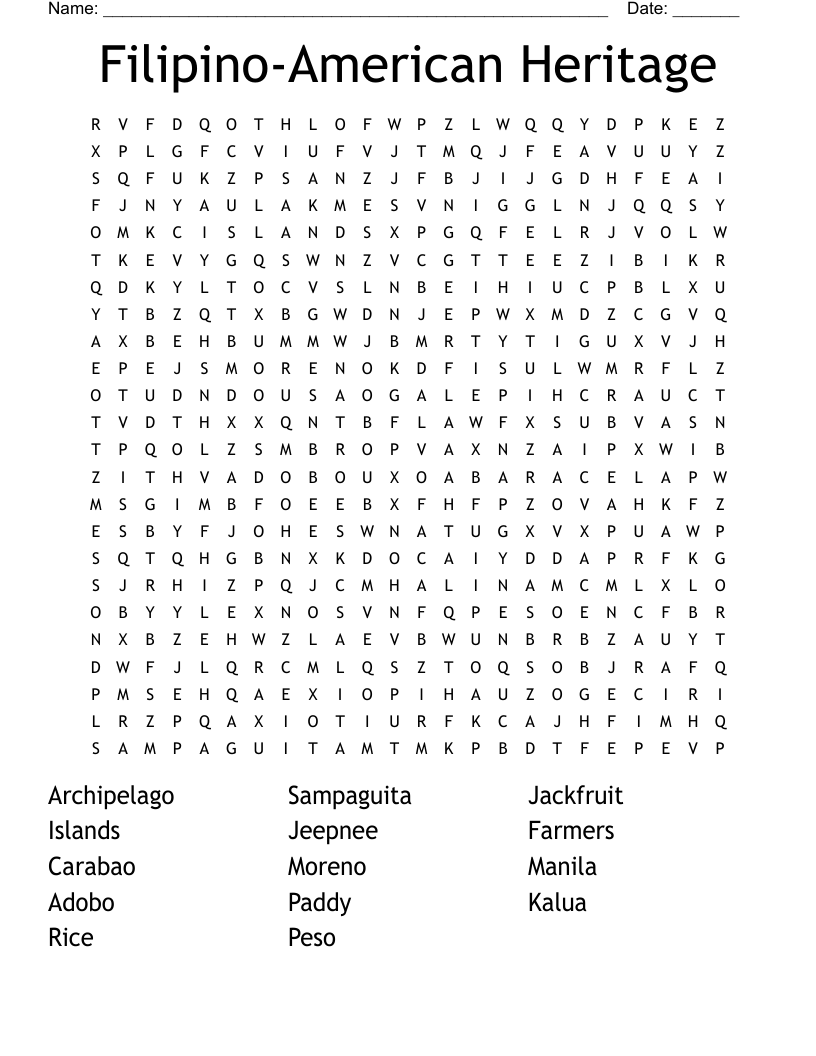 Filipino American Heritage Word Search WordMint