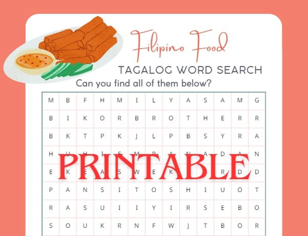 Filipino Food Word Search Tagalog Printable Activity Kids Word Games Tagalog Vocabulary Puzzle Etsy