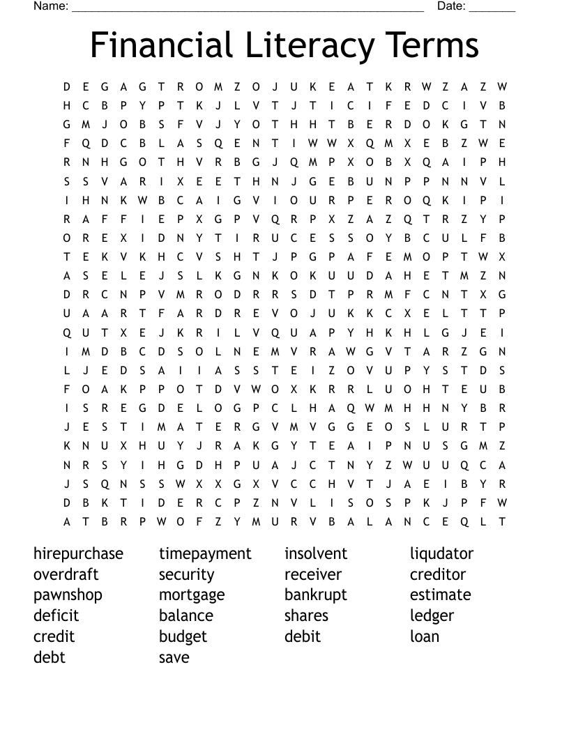 Financial Literacy Terms Word Search WordMint