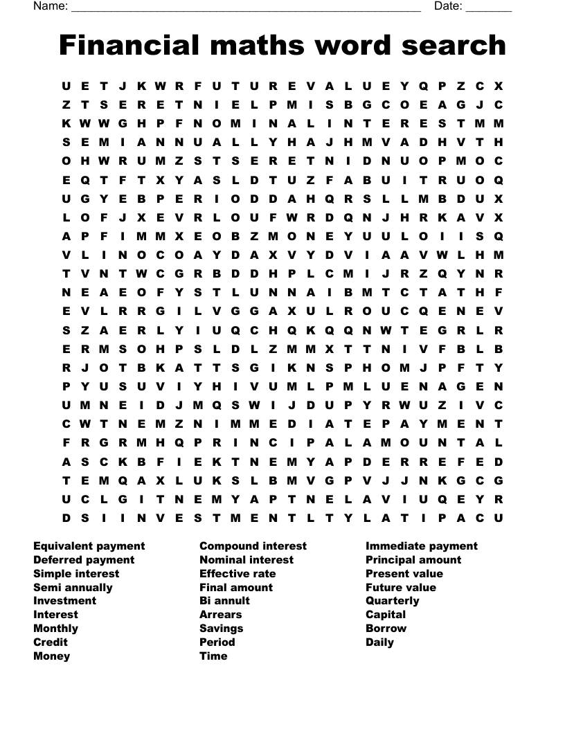 Financial Maths Word Search WordMint