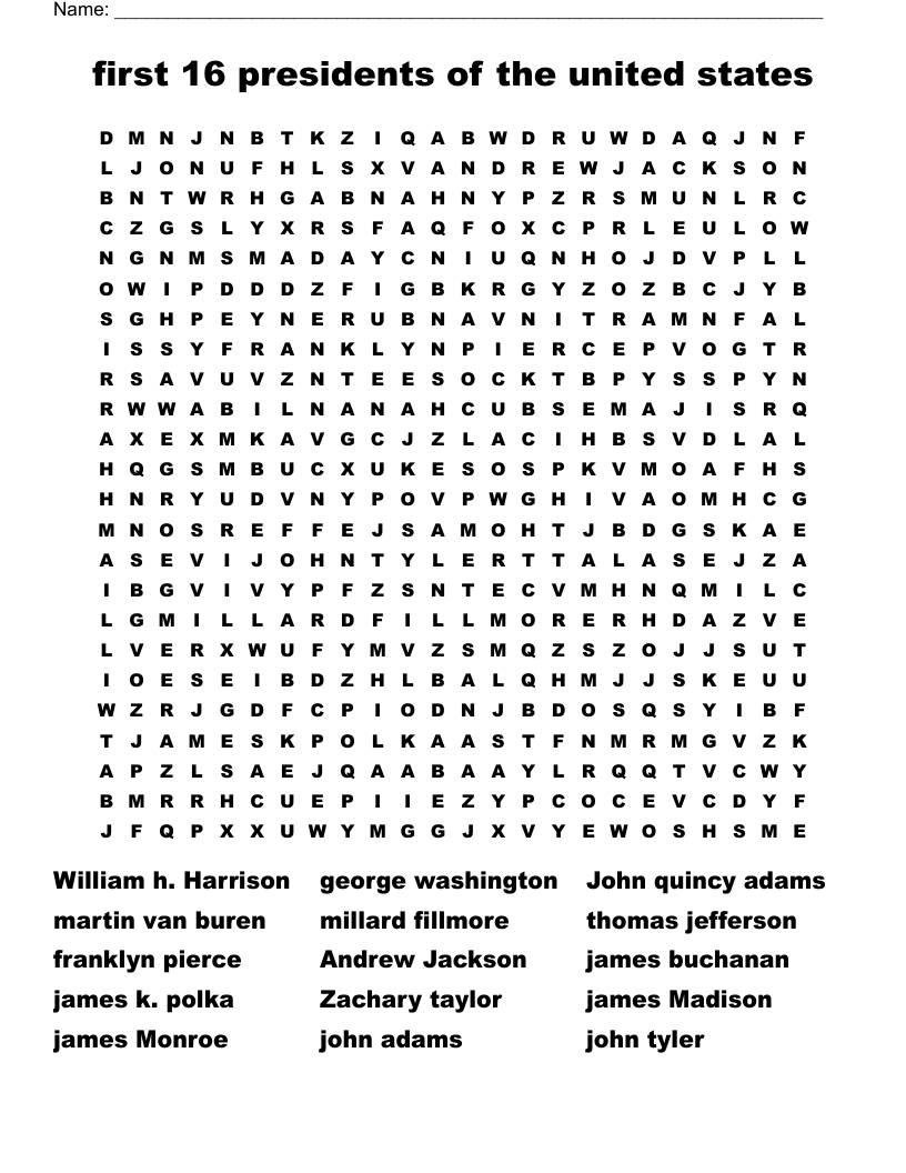 First 16 Presidents Of The United States Word Search WordMint