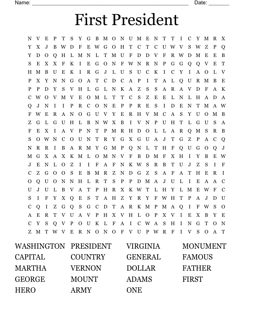 First President Word Search WordMint