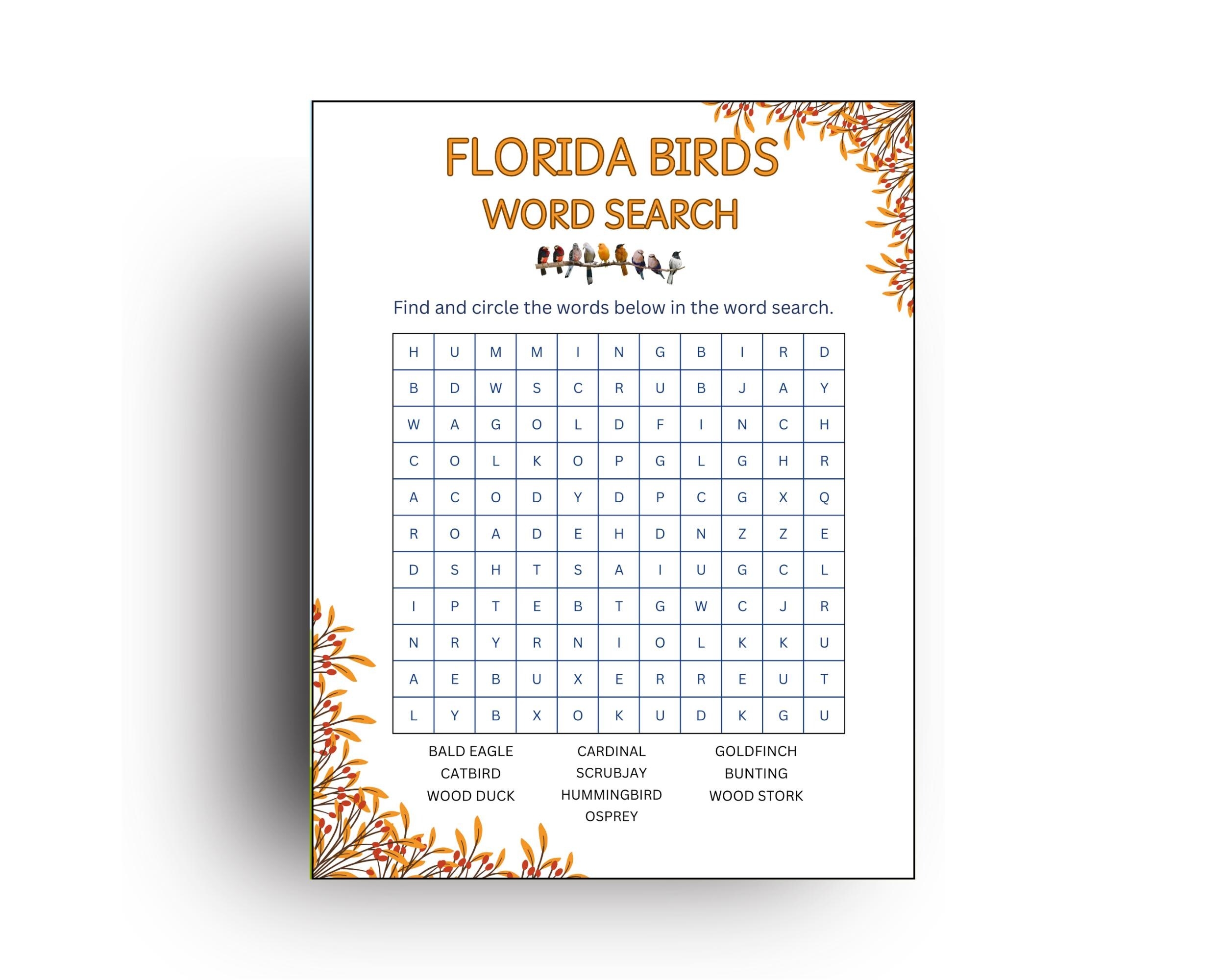 florida birds word search game printable worksheet word search puzzle etsy