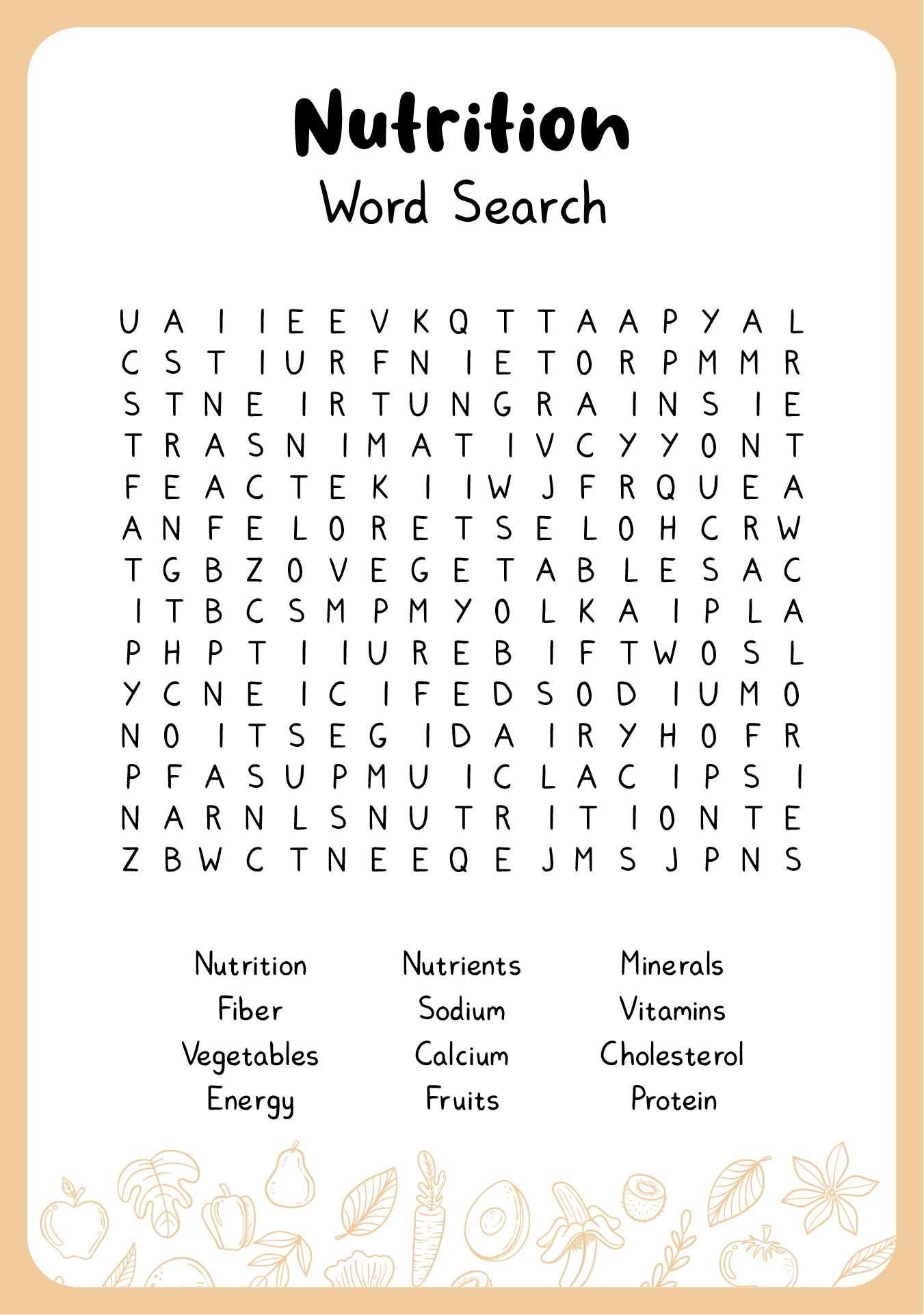 Kids Printable Word Search Nutrition