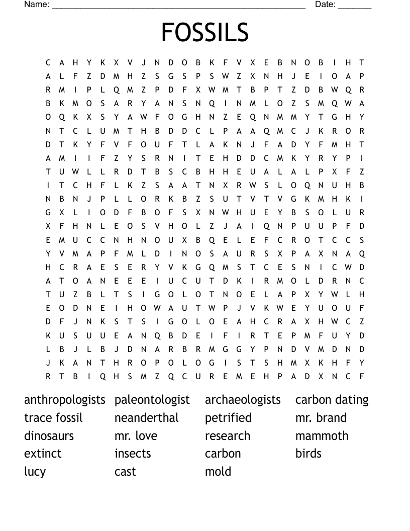 FOSSILS Word Search WordMint