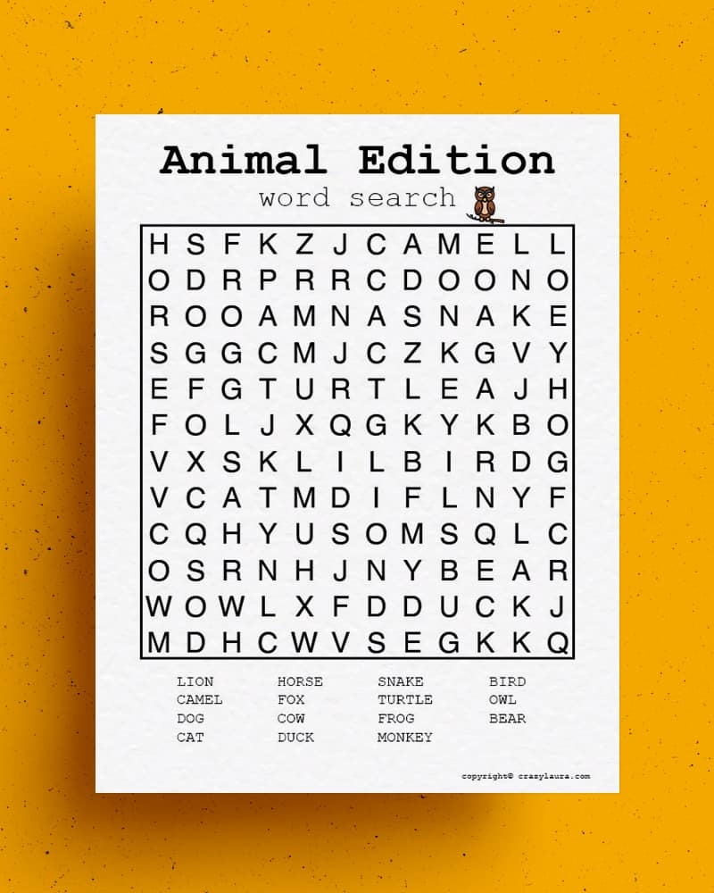 Free Animal Word Search Printable PDF Game Sheets Crazy Laura