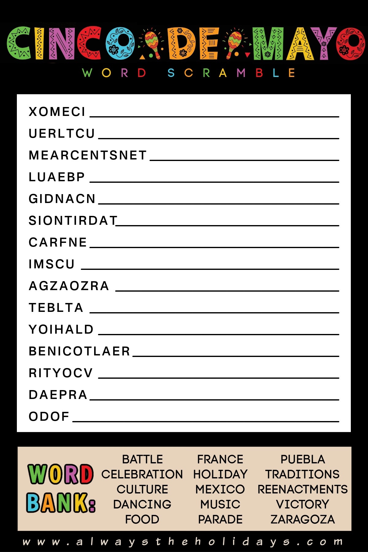 Free Cinco De Mayo Word Scramble Answers Medium Difficulty