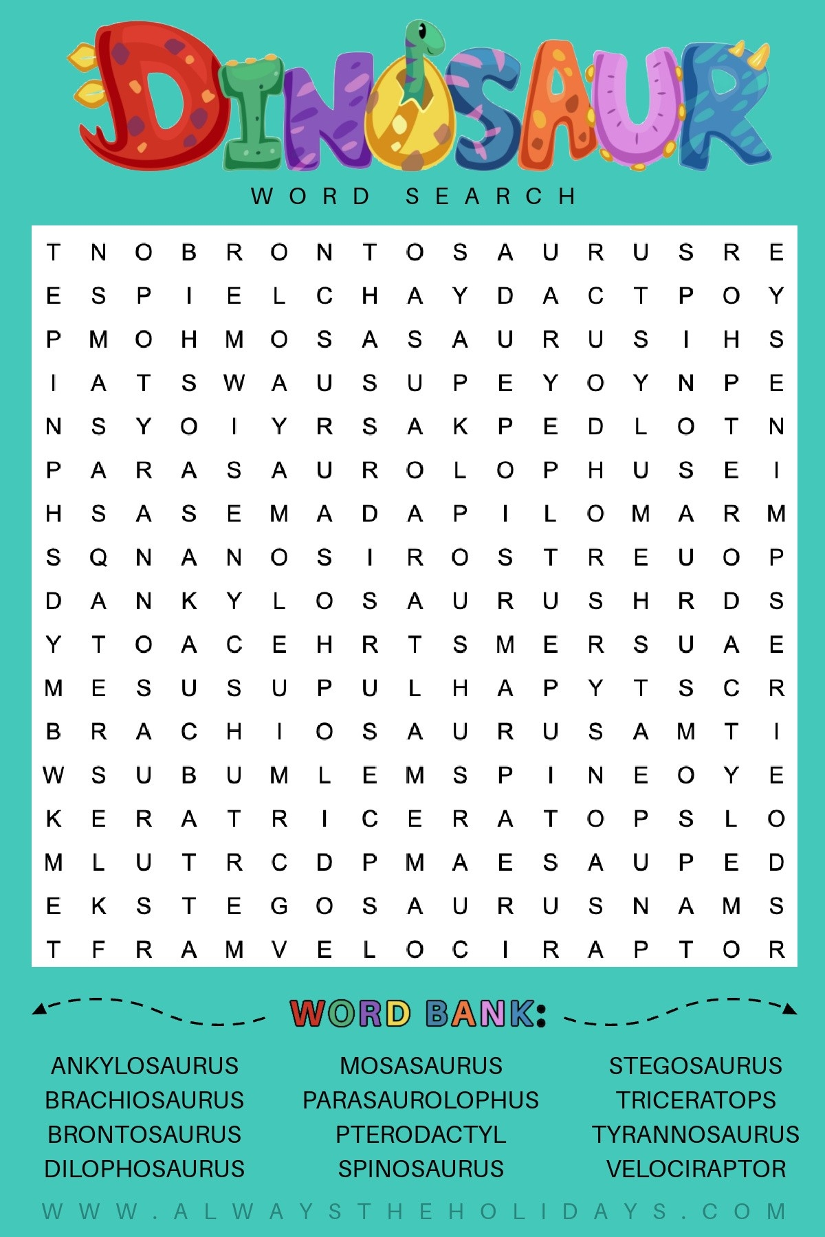 Free Dinosaur Word Search Printable With Answer Key Included