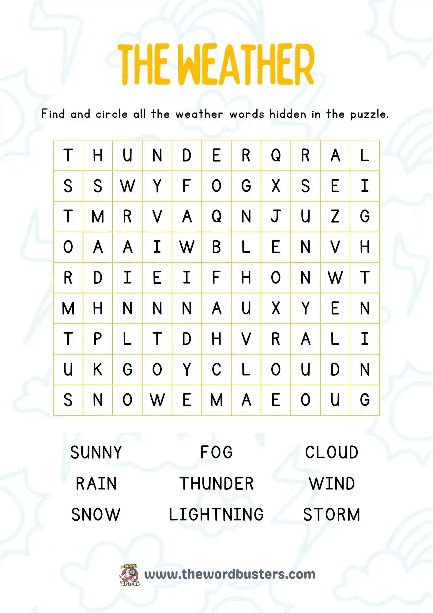 Clouds Word Search Printable