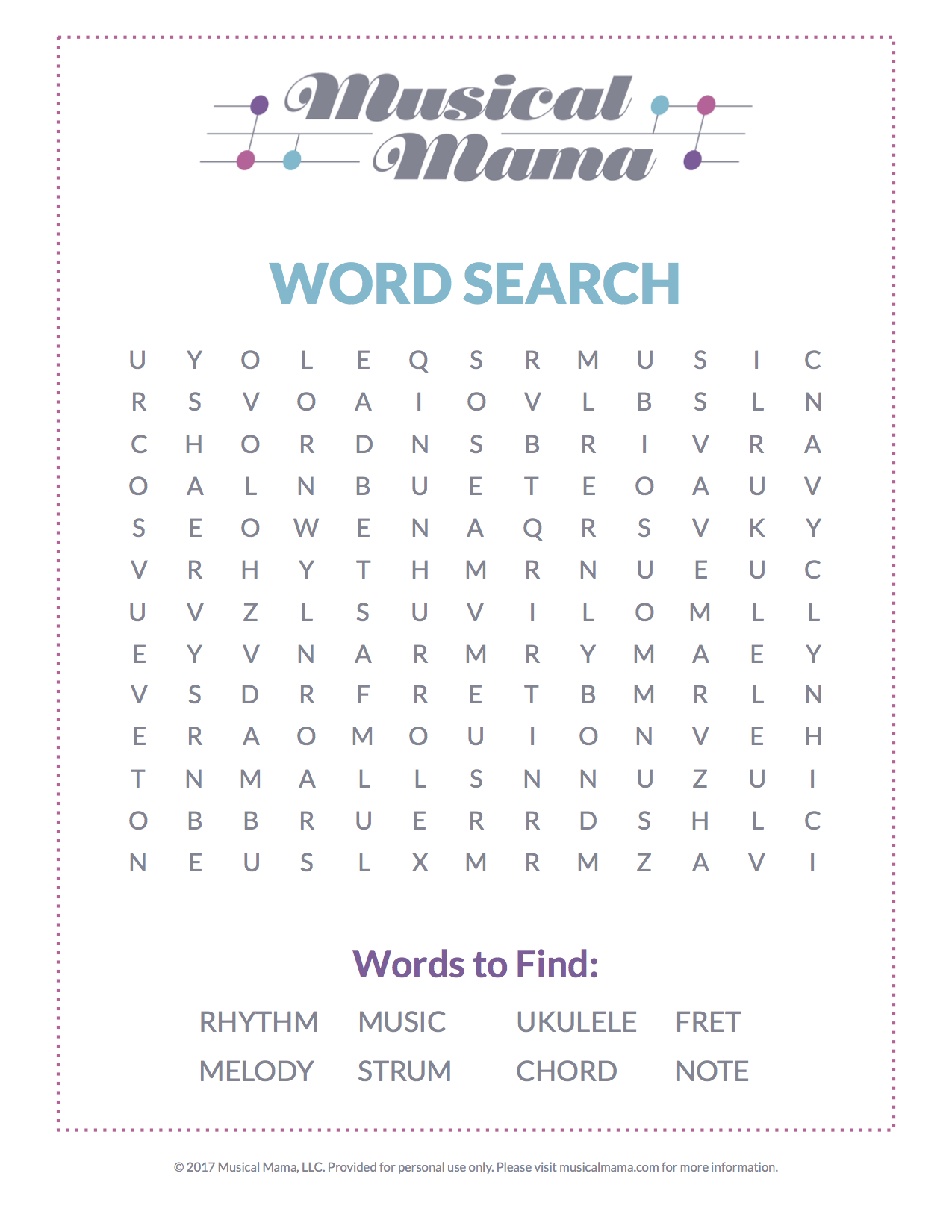 Cool Word Searches Printable Music